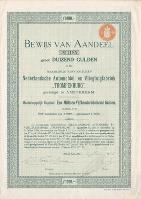 Aandeel N.V. Nederlandsche Automobiel- en Vliegtuigfabriek "Trompenburg"  uit 1916 met de originele handtekening van directeur Henri Wijnmalen. Dit aandeel is te koop, prijs € 375.00