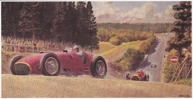 Grand Prix Duitsland 1951. Ascari met de winnende Ferrari vóór Fiango met Alfa Romeo. Kunstwerk van Peter Helck,
