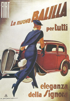 Affiche uit 1934/1935 van M. Dudovich voor de Fiat Balilla. Het Vaticaan protesteerde tegen de lengte van de rok in de eerste versie die toen werd vervangen door dit ontwerp.