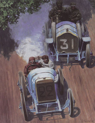 Boilllot Making His Move in de Franse Grand Prix van 1912. Kunstwerk van Brad Schmehl.