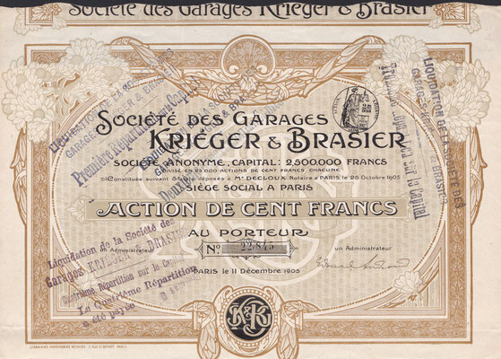 Aandeel Société Des Garages Kriéger & Brasier S.A. uit 1905.