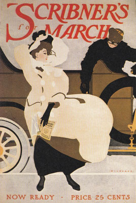 Deze illustratie van Robert J. Wildhack voor de cover van het modeblad Scribner's March uit 1907 geeft aan dat de auto al een chique status had in de VS.