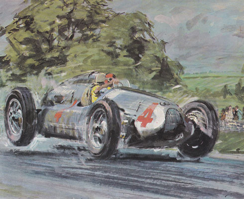 Auto Union in tijdens de Donington Grand Prix in 1938. Geschilderd door Walter Gotschke.