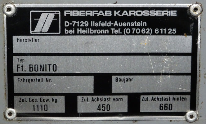 Typeplaatje van Fiberfab-Karosserie.