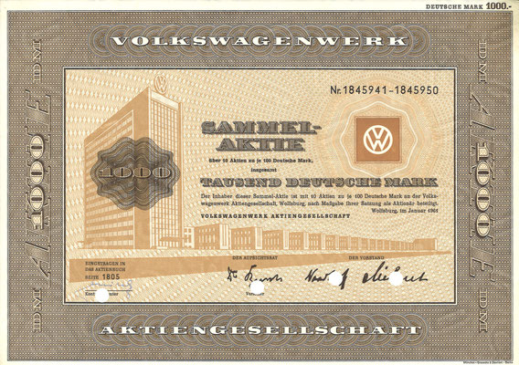 Aandelen (Aktien) DM 1.000 Volkswagenwerk A.G. Wolfsburg uit 1961.