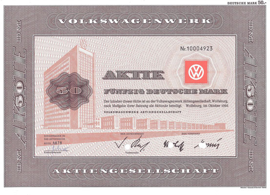 Aandeel (Aktie) DM 50 Volkswagenwerk A.G. Wolfsburg uit 1966.