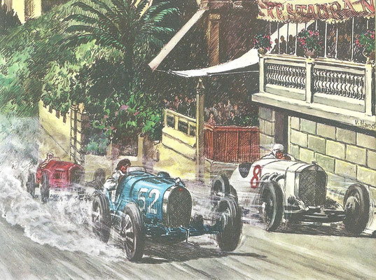 De eerste Grand Prix van Monaco in 1929. Williams won met een Bugatti Type 35  en Rudolf Caracciola werd derde met de grote Mercedes-Benz.
