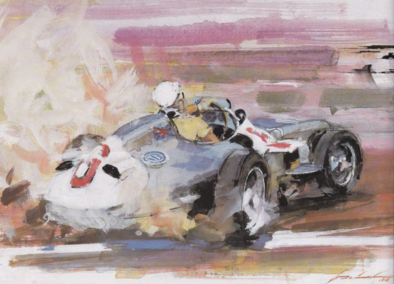 Stirling Moss in 1955 met de  Mercedes W196 tijdens de race in Argentinië. Geschilderd door Walter Gotschke.