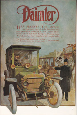 Advertentie Daimler. Jarenlang maakte de Britse koninklijke familie uitsluitend gebruik van Daimlers.