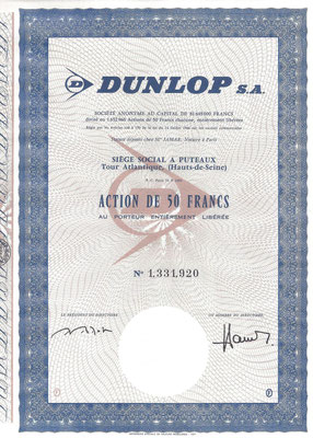 Aandeel 50 Francs Dunlop S.A. Dit stuk is te koop, prijs € 8,00, mail: automobielhistorie@gmail.com  Het stuk kan een ander nummer hebben dan het stuk op de foto.
