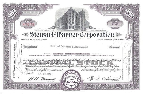 Certificaat voor 100 aandelen Stewart-Warner Corporation uit 1964. Dit stuk is te koop, prijs € 5,00, mail: automobielhistorie@gmail.com  Het stuk kan een ander nummer hebben dan het stuk op de foto.