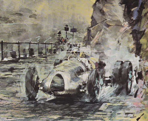 Auto Union op de Grossglockner in 1938. Geschilderd door Walter Gotschke.