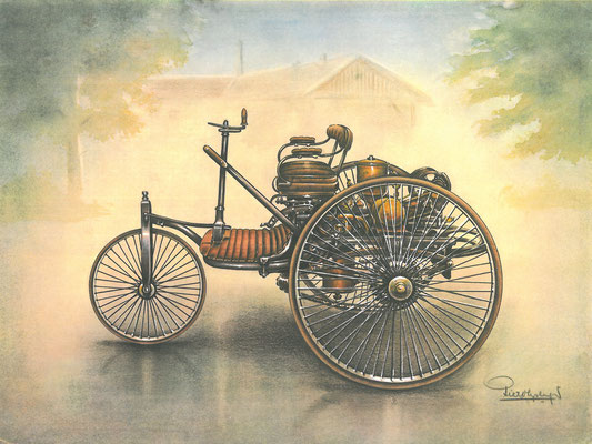 Benz 1885. Getekend door Piet Olyslager.