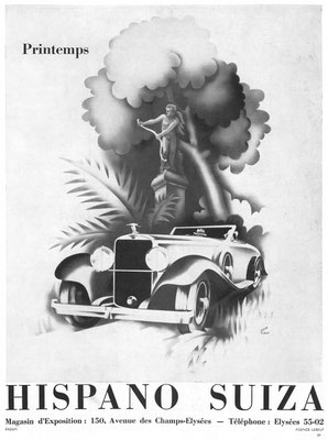 Franse advertentie van Hispano-Suiza uit 1934. Ontwerp: René Ravo.