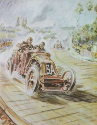 Ferenc Szisz met de 12,9 liter viercilinder Renault in de Franse Grand Prix van 1906. Om een weg rond St. Calais te creëren, zijn op dit gedeelte planken gelegd!