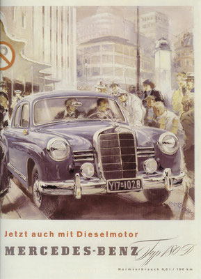 Duitse advertentie uit 1953 voor de Mercedes-Benz 180 diesel.