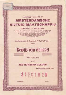 Aandeel N.V. Amsterdamsche Rijtuig Maatschappij uit 1925 (specimen).