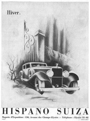 Franse advertentie van Hispano-Suiza uit 1935. Ontwerp: René Ravo.