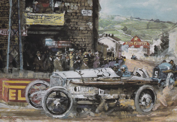 Lautenschlager met Mercedes op kop tijdens de Franse Grand Prix in 1914. Geschilderd door Walter Gotschke.