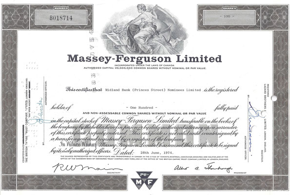 Certificaat voor 100 aandelen Massey-Ferguson Limited uit 1974.