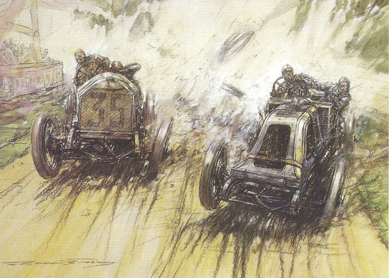 Lautenschlager met een Mercedes passeert Sziisz met een Renault in de Franse Grand Prix van 1908. De kunstenaar is Frederick Gordon Crosby.