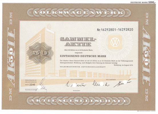 Aandelen (Aktien) DM 1.000 Volkswagenwerk A.G. Wolfsburg uit 1978.