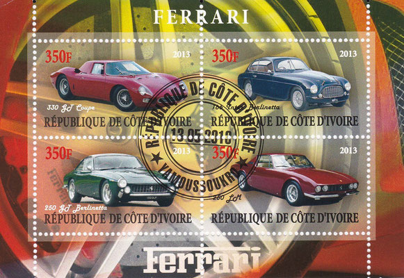 Postzegels Ivoorkust uit 2013 met Ferrari's.