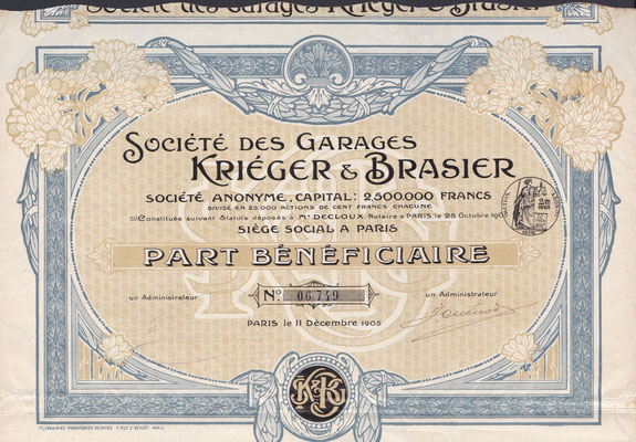 Winstaandeel Société Des Garages Kriéger & Brasier S.A. uit 1905.