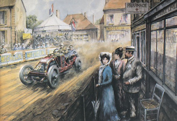 De eerste grote Grand Prix op een gesloten circuit werd gehouden in Le Mans in 1906. Op dit kunstwerk van Michael Wright zien we de winnende Renault  die door een dorpje op het circuit rijdt.