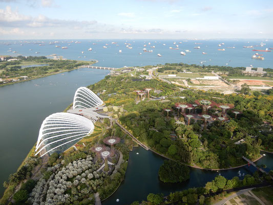 Ausblick vom Skywalk im Marina Bay Sands Hotel - Gardens by the bay mit Flower Dome