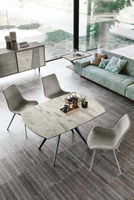 Tavolo VERTIGO fisso (realizzabile su misura) o allungabile (misura cm.130x90 + 2 allunghe da cm.35) materiali e finiture a scelta