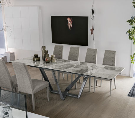 Tavolo PEGASUS, allungabile, con piano in gres antigraffio, disponibile in misura cm.160x90 + 2 allunghe oppure cm.180x90 + 2 allunghe