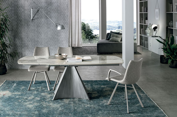 Tavolo TWISTER fisso (realizzabile su misura) o allungabile (misura cm.130x90 + 2 allunghe da cm.35) materiali e finiture a scelta