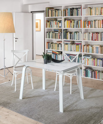 Tavolo allungabile DAMIAN, struttura in metallo verniciato (colori a scelta), piano ed allunghe realizzabili in materiali a scelta, misure disponibili: cm.160x90 + 2 allunghe da cm.40; cm.130x85 + 2 allunghe da cm.35; cm.110x80 + 2 allunghe da cm.30