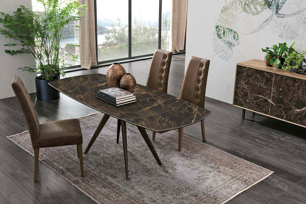 Tavolo VERTIGO fisso (realizzabile su misura) o allungabile (misura cm.130x90 + 2 allunghe da cm.35) materiali e finiture a scelta