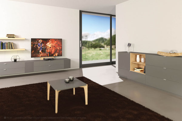 swissHD Wohnraumgestalltungsvorschlag mit Hängeschränke und Sideboard