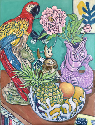 Still Life with Parrot, 2024, Acrylic on canvas, 80x60cm
