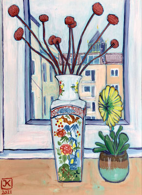 Chinese Vase and Paper Flower, 2021, Acrylic on card, 40x30cm