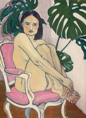 Girl on a Pink Chair, 2024, Acrylic on wood panel, 80x60cm