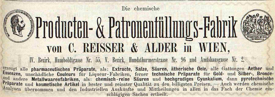 Werbung zu Produkten d. Chemiker Carl Reisser und Viktor Alder
