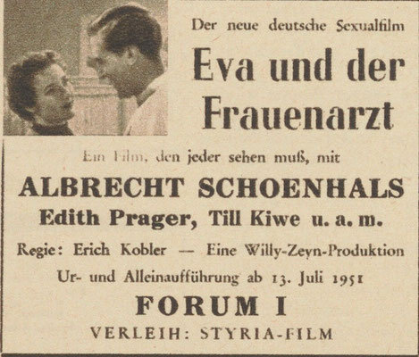 Filmwerbung f. "Eva und der Frauenarzt" 1951 mit Edith Prager (Klinger)