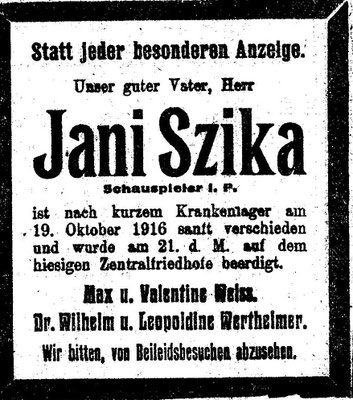 Todesanzeige v. Jani Szika 1916