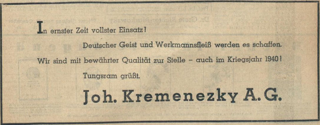 Werbung "Joh. Kremenezky A.G."