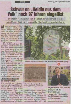 Zeitungsausschnitt Kronen-Zeitung 9/2023 zu Margarethe Manhardt