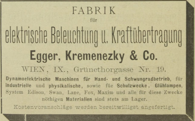 Werbung "Egger, Kremenezky & Co."