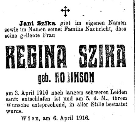 Todesanzeige v. Regina Szika geb. Robinson 1916