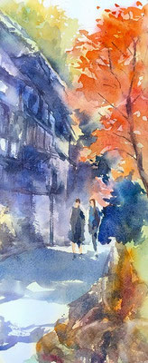 11.11 滋賀 坂本にて ① 紅葉 アヴァロン 190×440 水彩