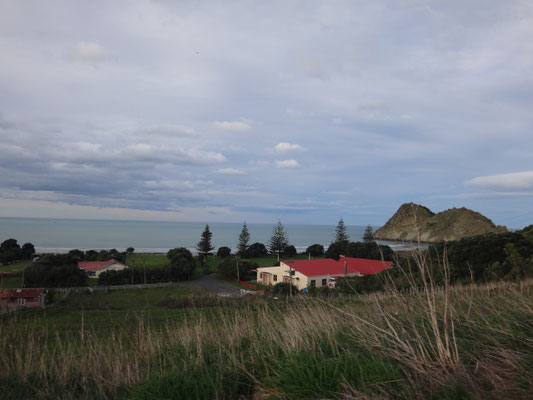 Das rote Dach des Marae sticht deutlich hervor.