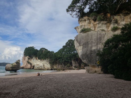 Helle ausgewaschene Felsformationen am Strand in der Cathedral Cove