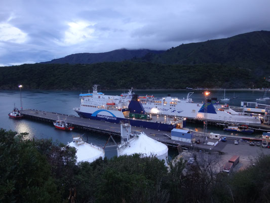 In der Dämmerung liegen beide Fährunternehmen im Hafen von Picton: Bluebridge und Interislander. Wir würden morgen an Bord der Interislander gehen... Was waren das für gigantische Fähren.